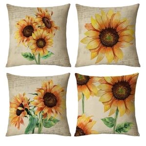 Sunflower Print Throw Pillow Covers - Set of 4 - Yellow Orange Floral 18 By 18
